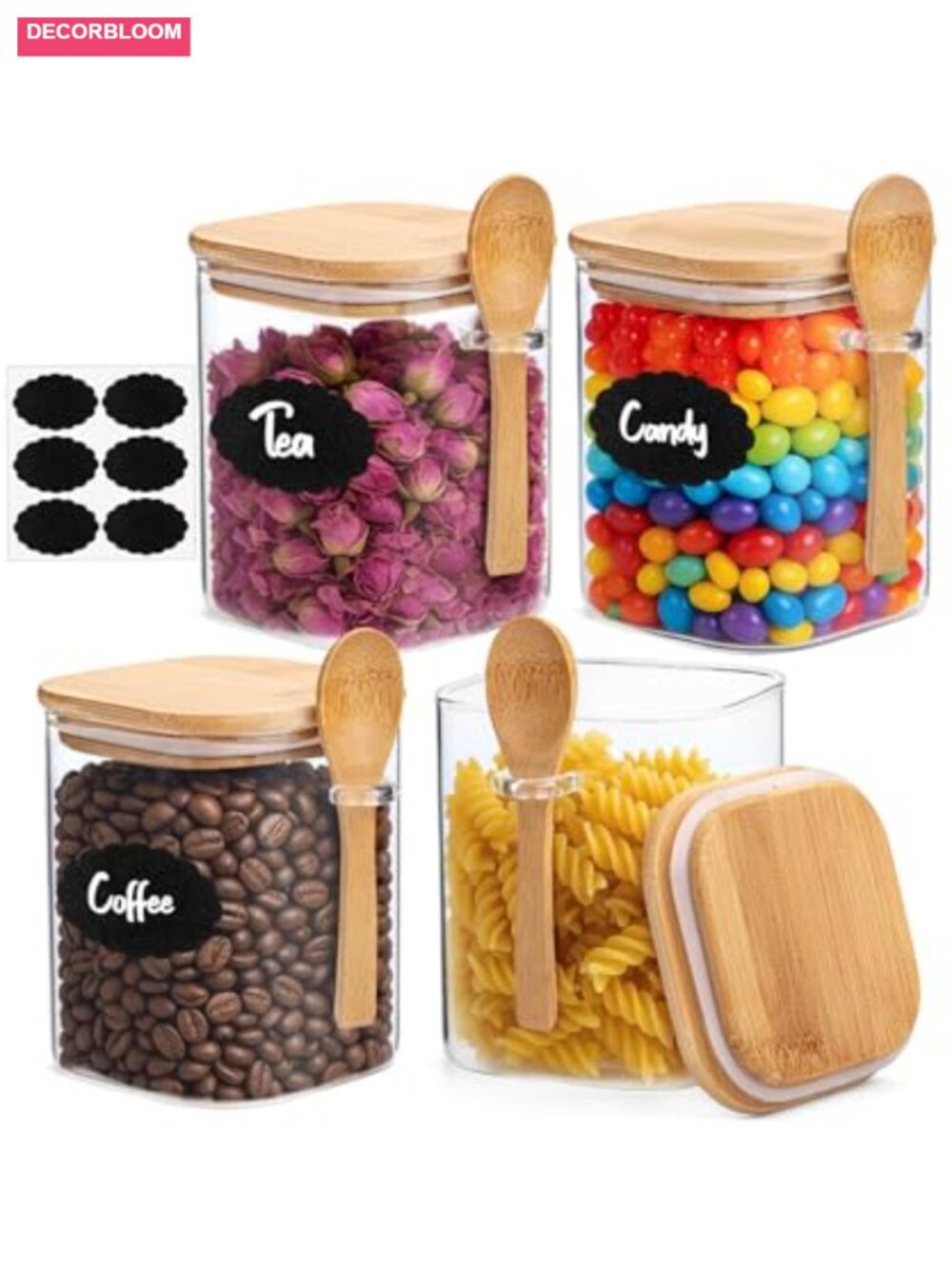 Glass Jars with Bamboo Lids and Spoons Set - 28 Oz, Airtight Food Storage